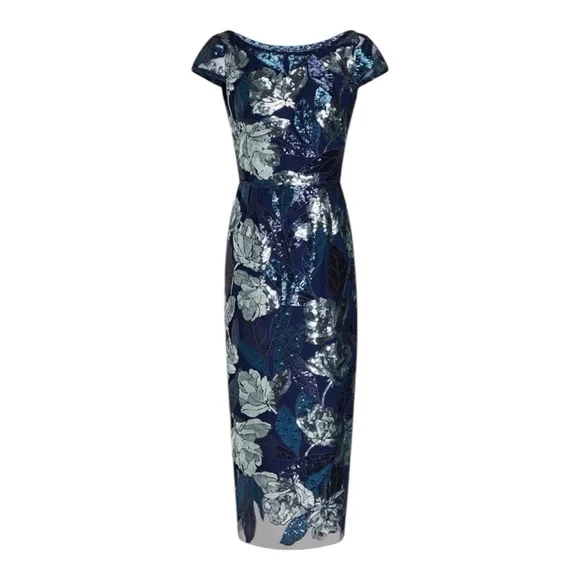 Marchesa Notte Blue Silver Sequin Floral Embellished Midi Dress 16 - Picture 1 of 6